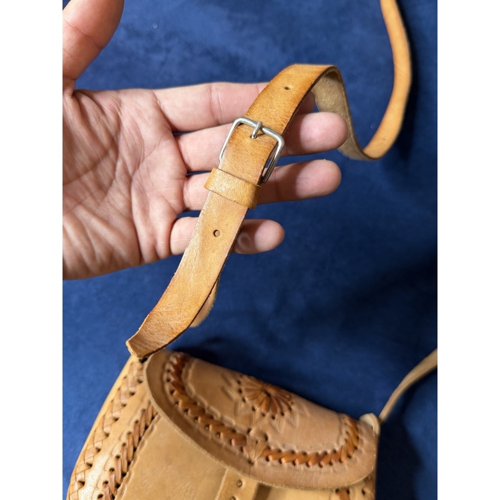 Handmade Artisan Hand Tooled Mexican Leather Saddle Shoulder Bag Brown Floral - Picture 6 of 9